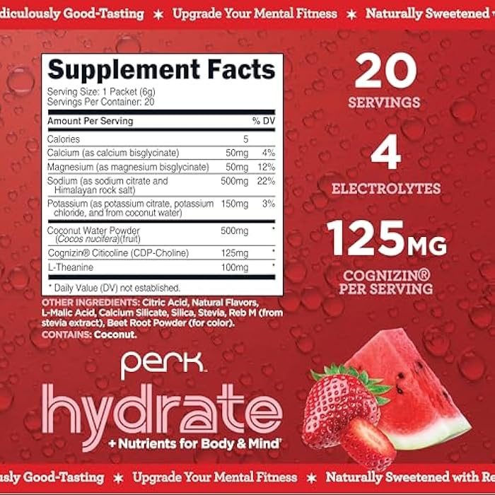 Perk Hydrate Electrolyte Stickpacks Strawberry Watermelon Flavored (20 Packets) - Coconut Water, CDP-Choline, L-Theanine, Gluten-Free - Image 2