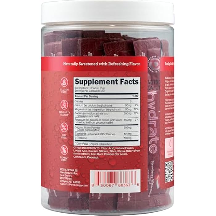 Perk Hydrate Electrolyte Stickpacks Strawberry Watermelon Flavored (20 Packets) - Coconut Water, CDP-Choline, L-Theanine, Gluten-Free - Image 3