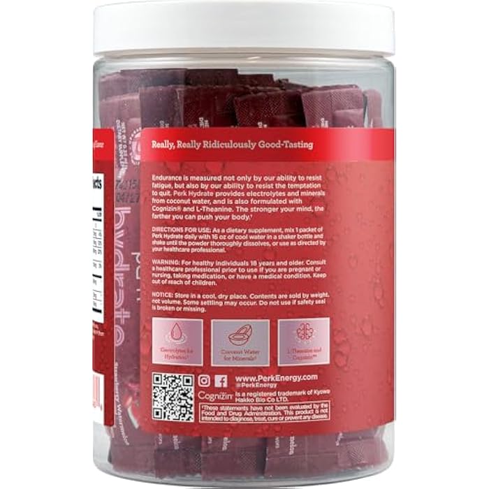 Perk Hydrate Electrolyte Stickpacks Strawberry Watermelon Flavored (20 Packets) - Coconut Water, CDP-Choline, L-Theanine, Gluten-Free - Image 4