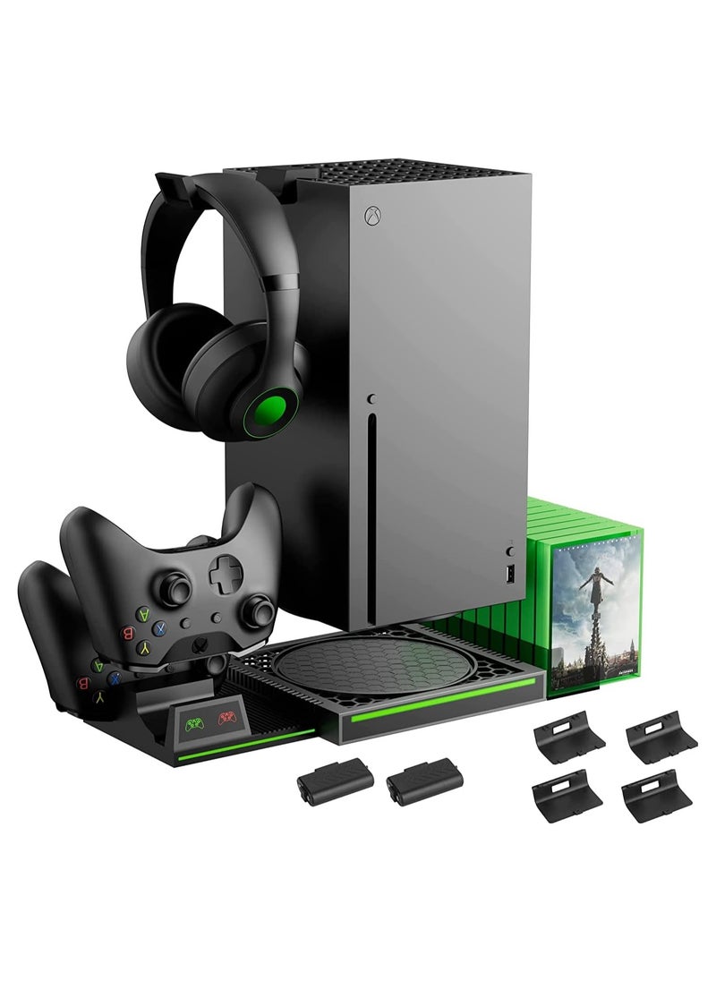 Ipega Vertical Stand Compatible With Xbox Series X Console, Dual Charging Station With 2 Rechargeable Battery For Xbox Series X Controller, With 10 Game Card Slot And Headphones Holder & 4 Cover… 