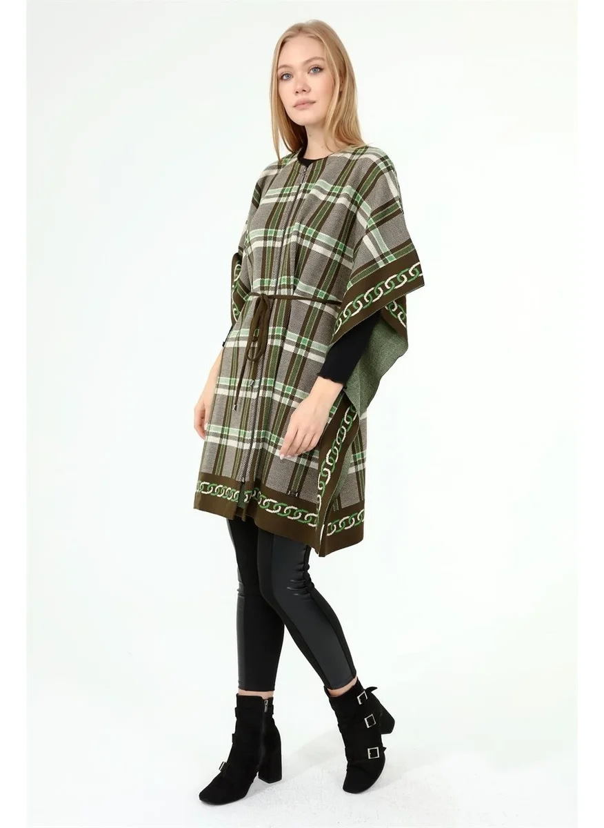 Garmi Women's Plaid Detail Poncho Khaki