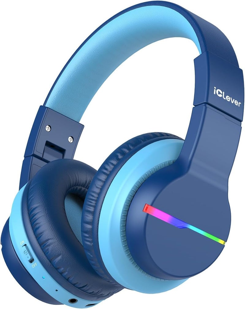 iClever BTH12 Kids Bluetooth Headphones,Colorful LED Lights Kids Headphones Wireless,74/85dBA Safe Volume,85H Playtime,Fast Charging,Bluetooth 5.2,Over Ear,Built-in Mic for iPad/Tablet/Airplane,Blue - Image 1