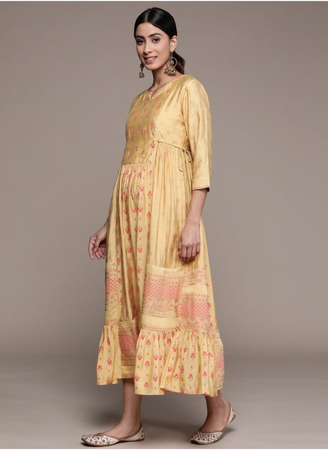 ISHIN Women's Beige 100% Cotton Self Design A-Line Dress  - Image 3