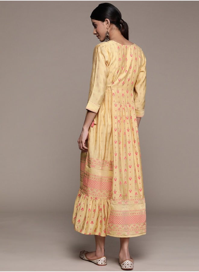 ISHIN Women's Beige 100% Cotton Self Design A-Line Dress  - Image 5