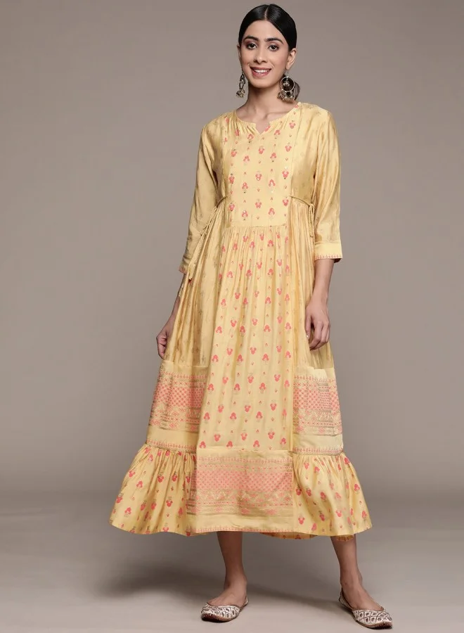 آي شين Women's Beige 100% Cotton Self Design A-Line Dress