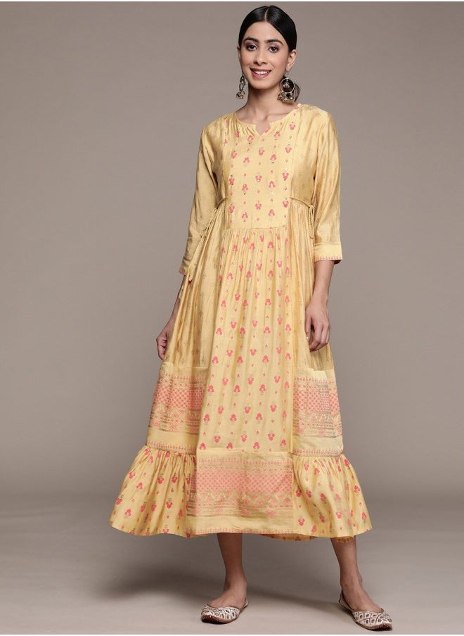 ISHIN Women's Beige 100% Cotton Self Design A-Line Dress  - Image 1