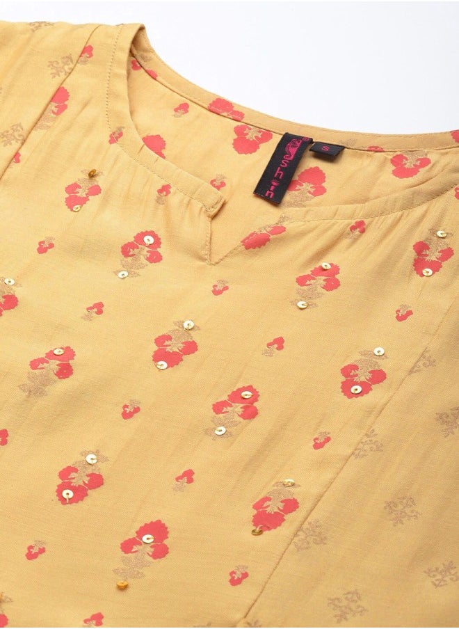 ISHIN Women's Beige 100% Cotton Self Design A-Line Dress  - Image 2