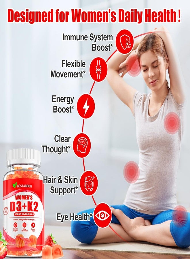 BSSTABBON Organic Women's D3 K2 Vitamin Gummies: D3 10000 IU Vegan Multivitamins Summing مع فيتامينات B12 B6 B9 بالإضافة إلى المغنيسيوم والأوميغا والزنك والكالسيوم - لدعم المناعة والطاقة والبشرة (120 قطعة) - Image 3
