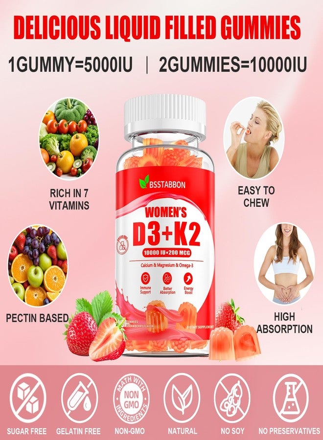 BSSTABBON Organic Women's D3 K2 Vitamin Gummies: D3 10000 IU Vegan Multivitamins Summing مع فيتامينات B12 B6 B9 بالإضافة إلى المغنيسيوم والأوميغا والزنك والكالسيوم - لدعم المناعة والطاقة والبشرة (120 قطعة) - Image 4
