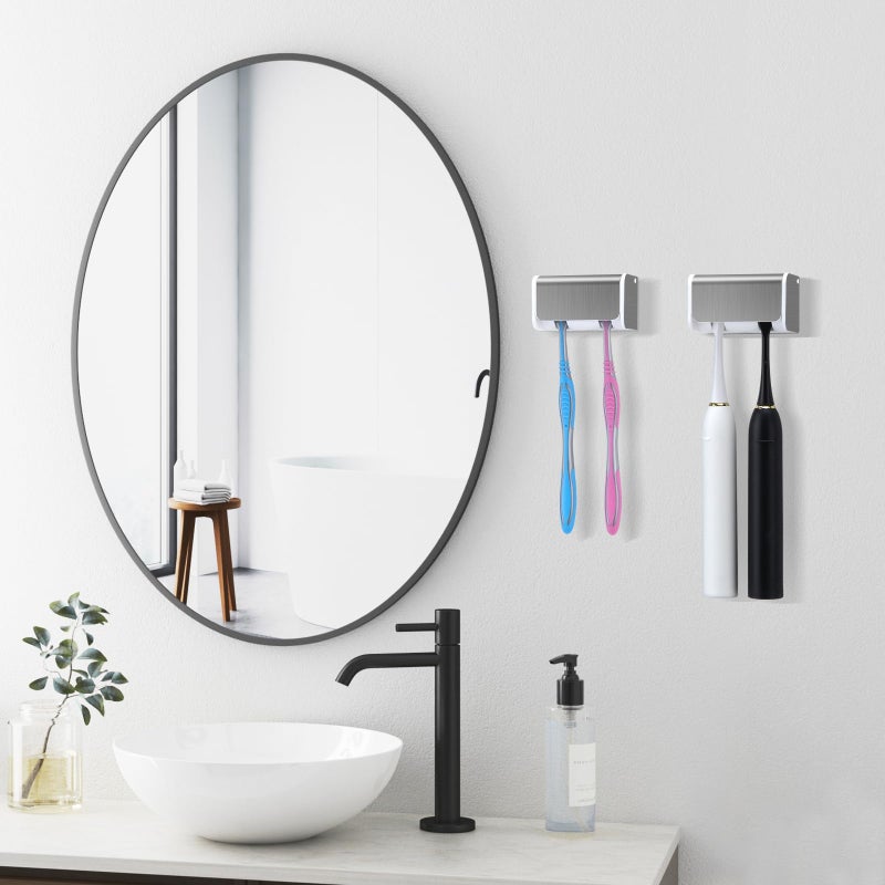 PARKMANI 2 PCS Toothbrush Holders Wall Mounted with Cover, Electric Tooth Brushing Holder for Bathroom, 2 Slots Self Adhesive Toothbrush Organizer for Family, Kids (2, Brushed Silver) - Image 2