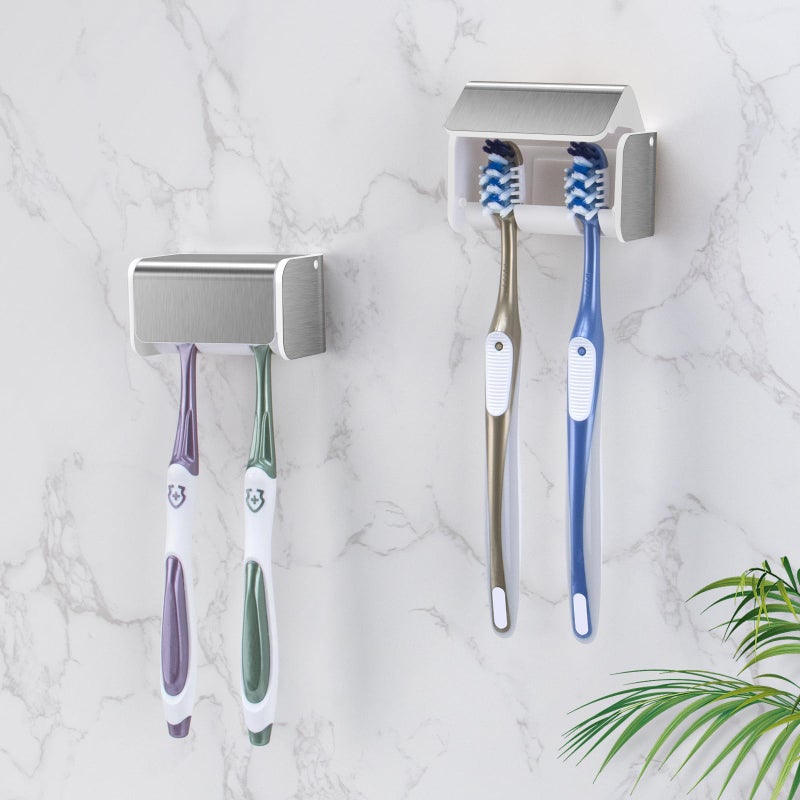 PARKMANI 2 PCS Toothbrush Holders Wall Mounted with Cover, Electric Tooth Brushing Holder for Bathroom, 2 Slots Self Adhesive Toothbrush Organizer for Family, Kids (2, Brushed Silver) - Image 1