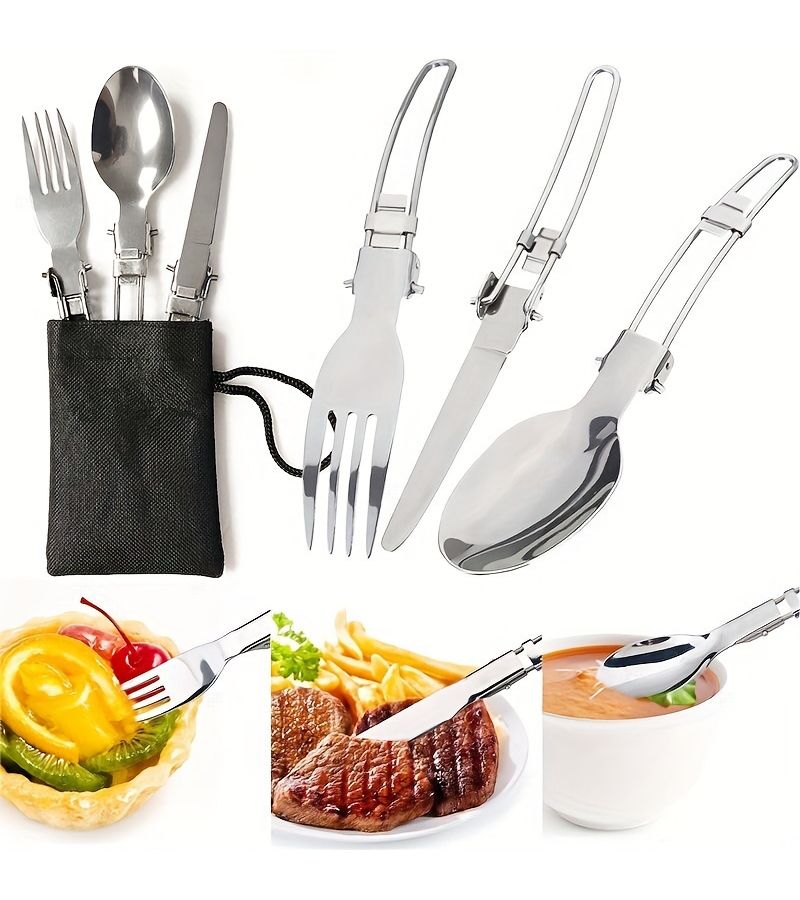 3 Piece Stainless Steel Camping Cutlery Set With Storage Bag For Outdoor Picnic - Image 2