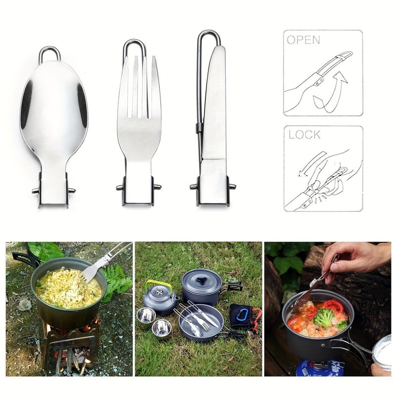 3 Piece Stainless Steel Camping Cutlery Set With Storage Bag For Outdoor Picnic - Image 3