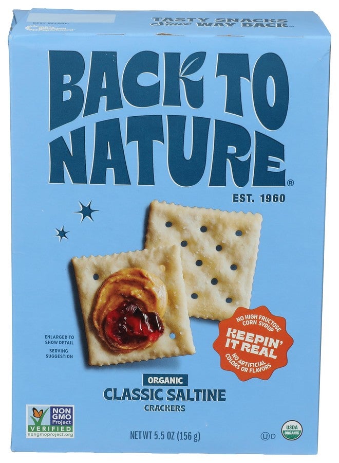 Back to Nature Organic Saltine Crackers, Non-GMO, Vegan Friendly Snack Cracker, Made with Wheat Flour & Sea Salt, Snack Happy, 5.5 oz Box - Image 1