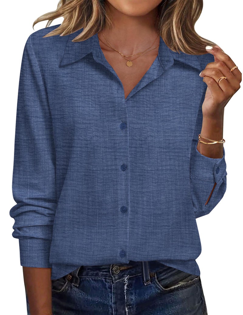 Zeagoo Womens Button Down Shirts Long Sleeve Blouse V Neck Vacation Clothes Spring Outfit Casual Fashion Summer Tops - Image 2