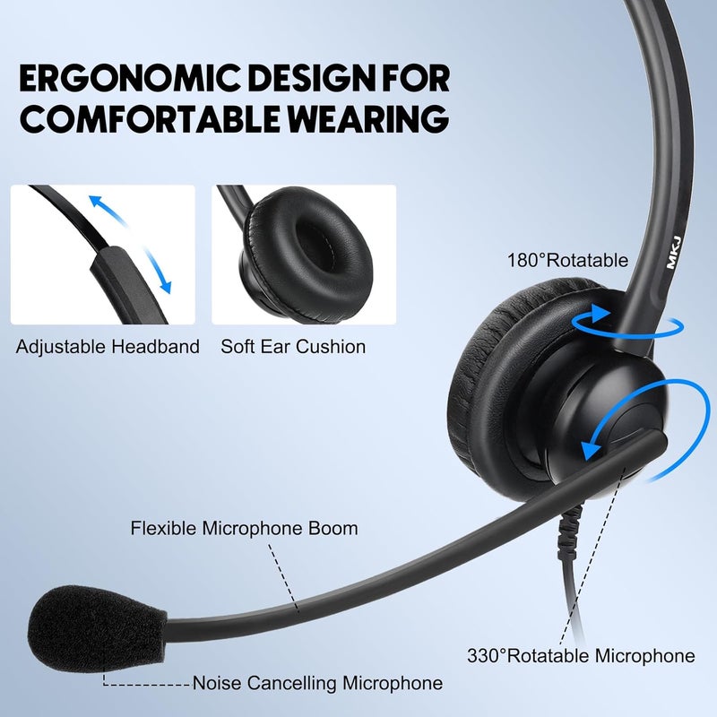 MKJ Telephone Headset for Cisco Phones, Wired Headphones with Microphone Noise Cancelling, Corded RJ9 Office Headset for Cisco CP7821 7861 7942G 7960G 7975G CP-7841 8811 8841 8851 8861 8865 9951 - Image 4