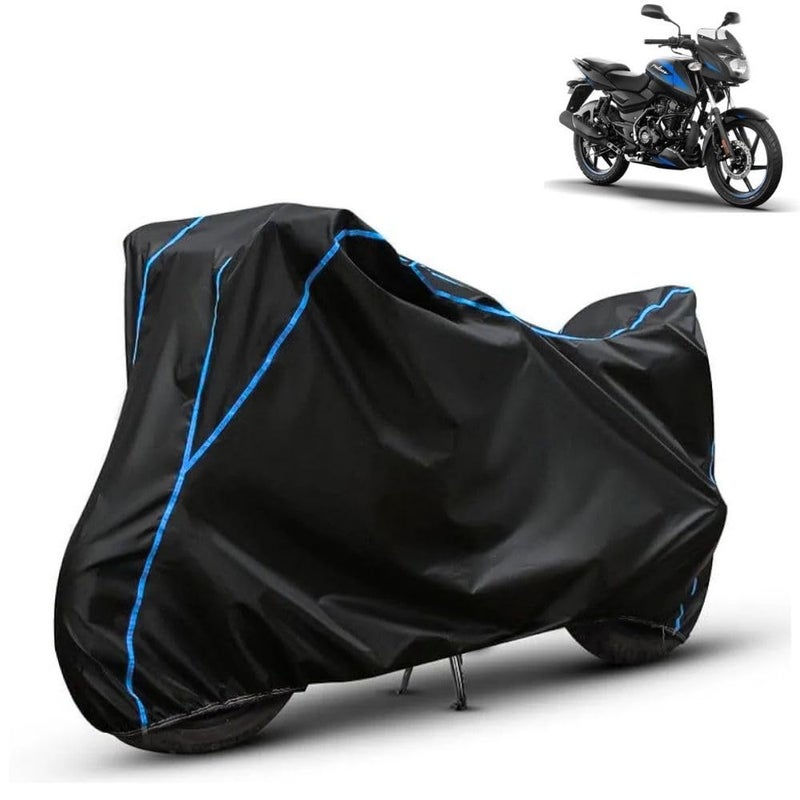 FAVY Water Resistant Bike Cover Compatible with Bajaj Pulsar 125, Rain, UV, Dust and Scratch Proof, All-Weather Proof Full Body Bike Cover, Black with Blue Piping, Triple Stitched with Elastic Bottom - Image 1