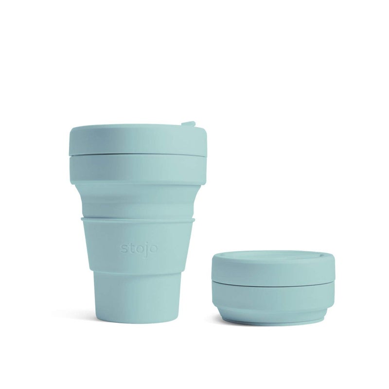 STOJO OnTheGo Collapsible Coffee Cup  12oz  355ml  Reusable  Foldable Silicone Travel Mug with Lid  Portable Pocket Size  Dishwasher Safe  Aquamarine