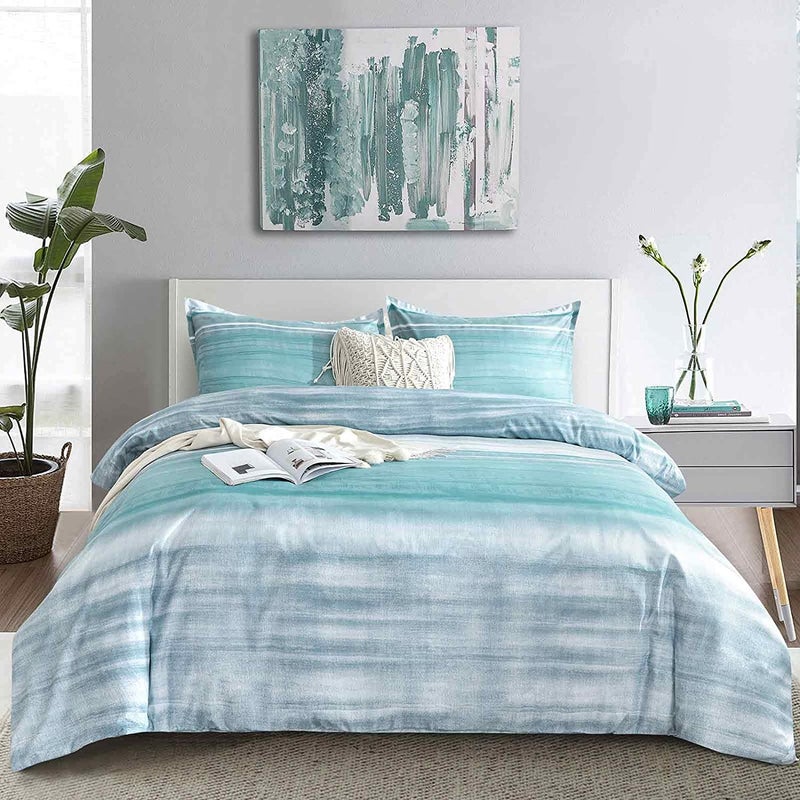 ETDIFFE Comforter Set Queen Size 3pc Teal Grey and Blue Gradient Striped Pattern Bedding Set Modern Soft Lightweight All Season Farmhouse Microfiber Down Alternative Comforter 90x90
