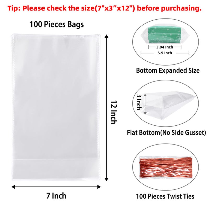 Morepack Flat Bottom Cellophane Bags,100 Pcs 7x3x12 Inches Clear Cello Bags Flat Bottom Cellophane Treat Bags for Cookie (No Side Gusset) - Image 2