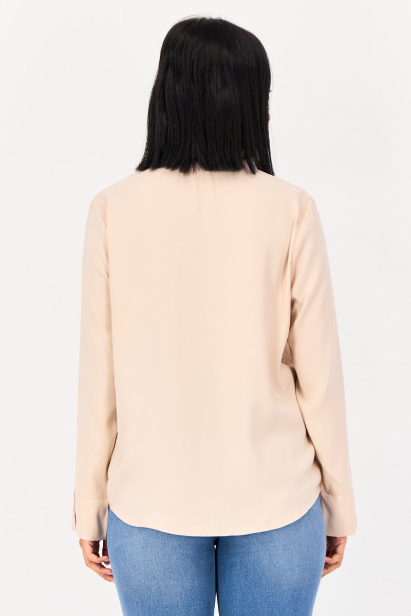 XOXO Women Spread Collar Long Sleeve Solid Satin Shirt, Tan - Image 3