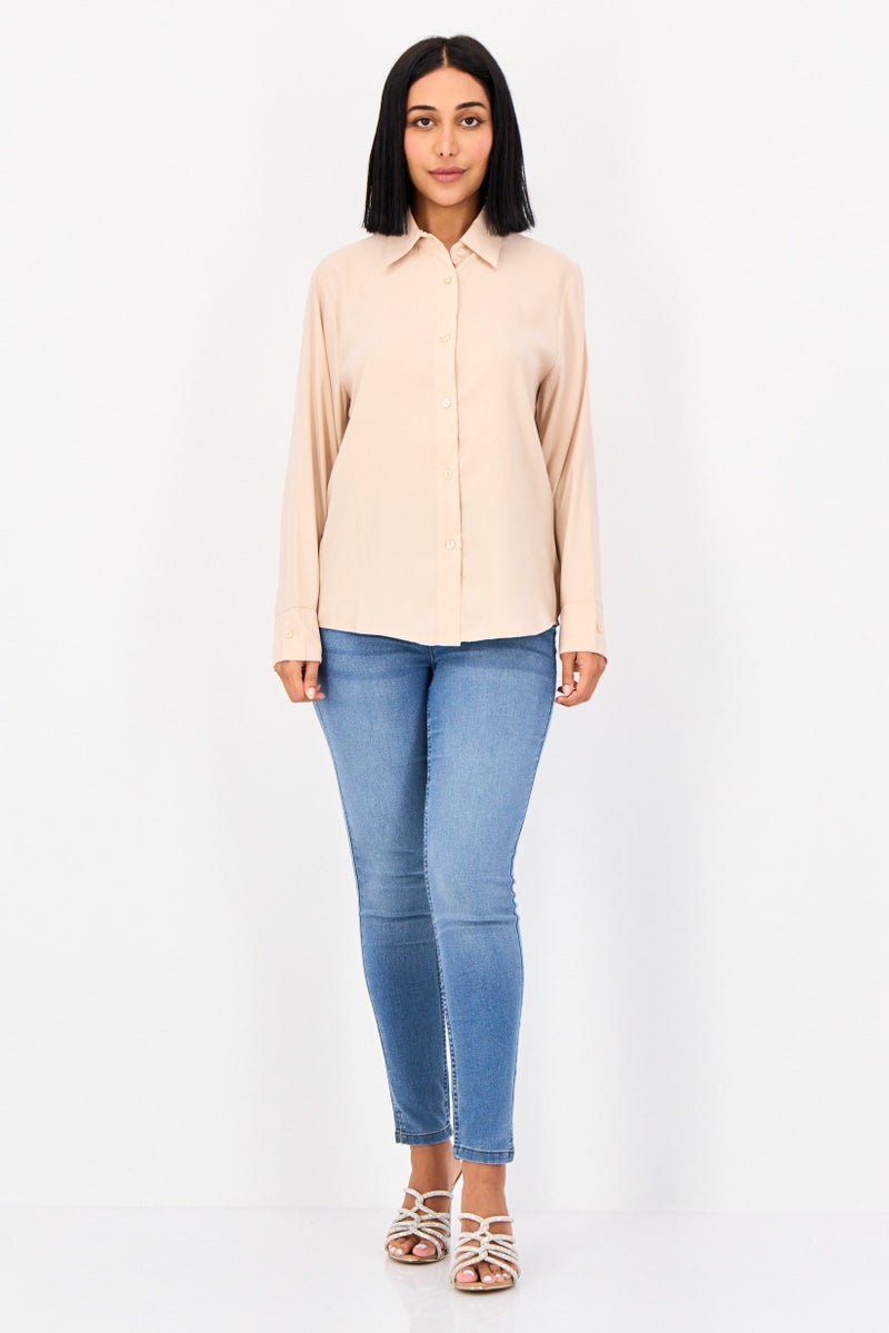 XOXO Women Spread Collar Long Sleeve Solid Satin Shirt, Tan - Image 4