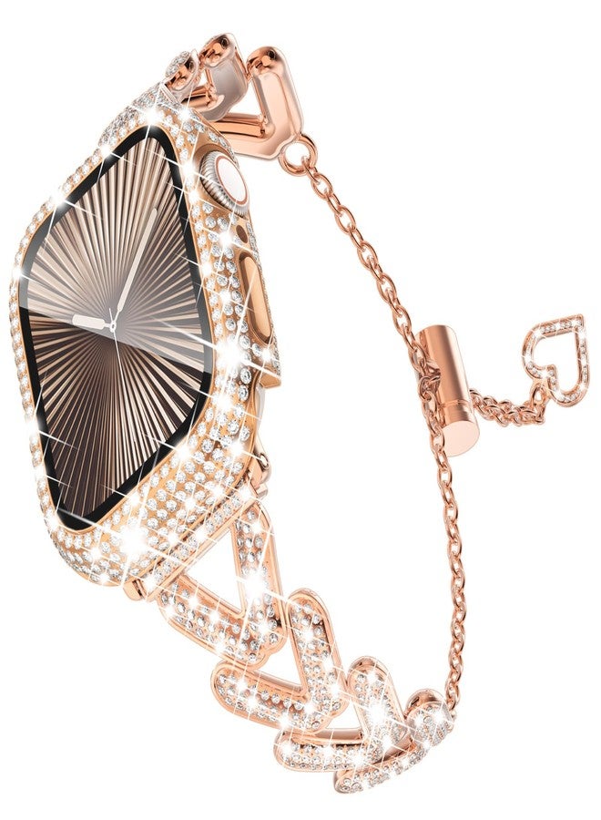 سوار وحافظة مرصعة بالكريستال من وينجل لساعة أبل مقاس 42 مم، سلسلة 3 و2 و1 للنساء، سوار فاخر مرصع بأحجار الراين الكريستالية، سوار معدني بتصميم سلسلة أنيقة مع حافظة واقية للشاشة مرصعة بالألماس، لون ذهبي وردي 42 مم - Image 1