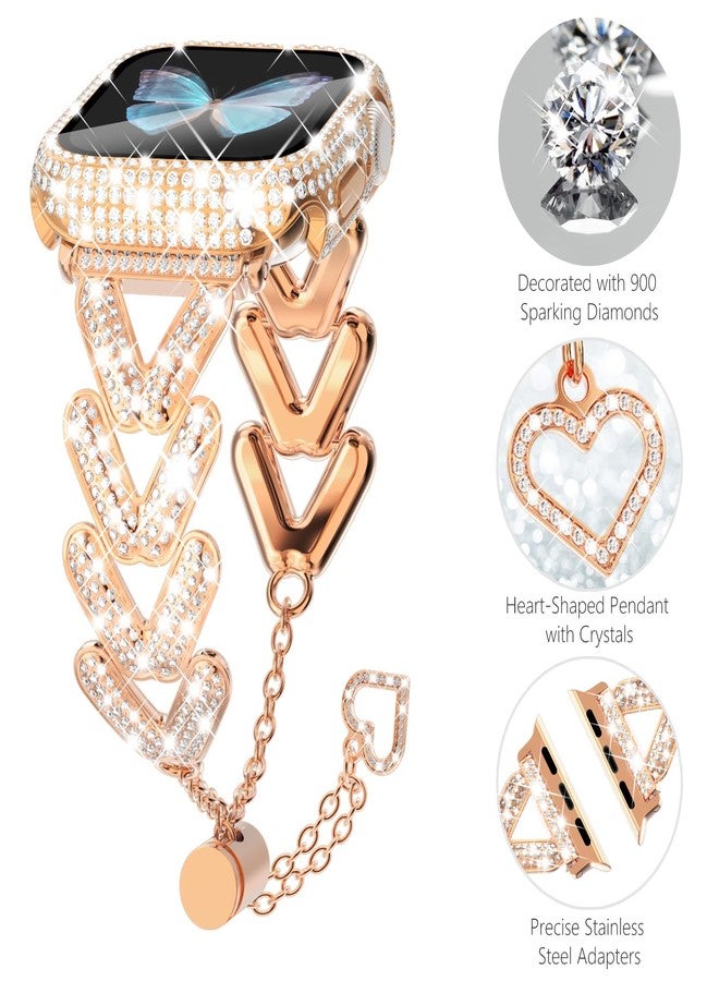 سوار وحافظة مرصعة بالكريستال من وينجل لساعة أبل مقاس 42 مم، سلسلة 3 و2 و1 للنساء، سوار فاخر مرصع بأحجار الراين الكريستالية، سوار معدني بتصميم سلسلة أنيقة مع حافظة واقية للشاشة مرصعة بالألماس، لون ذهبي وردي 42 مم - Image 3