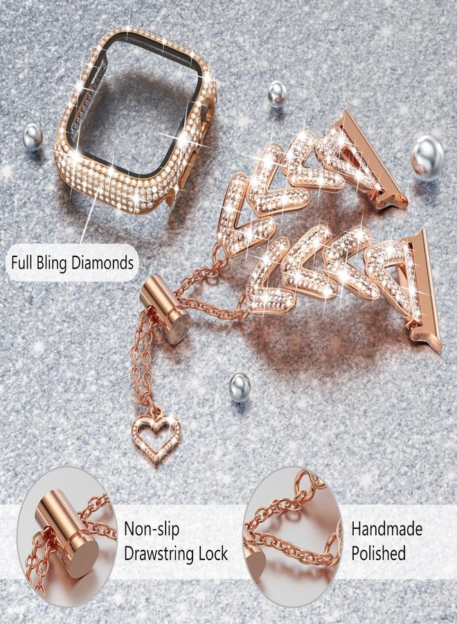 سوار وحافظة مرصعة بالكريستال من وينجل لساعة أبل مقاس 42 مم، سلسلة 3 و2 و1 للنساء، سوار فاخر مرصع بأحجار الراين الكريستالية، سوار معدني بتصميم سلسلة أنيقة مع حافظة واقية للشاشة مرصعة بالألماس، لون ذهبي وردي 42 مم - Image 5