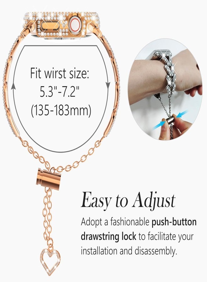 سوار وحافظة مرصعة بالكريستال من وينجل لساعة أبل مقاس 42 مم، سلسلة 3 و2 و1 للنساء، سوار فاخر مرصع بأحجار الراين الكريستالية، سوار معدني بتصميم سلسلة أنيقة مع حافظة واقية للشاشة مرصعة بالألماس، لون ذهبي وردي 42 مم - Image 4