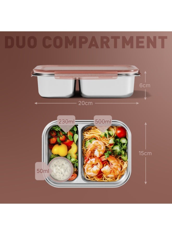 BEOLA Stainless Steel Lunch Box, 2 Compartment Bento Box, BPA Free Tiffin with Lid, Leakproof Meal Container, Perfect as Snack Box (Blush Pink) - Image 2