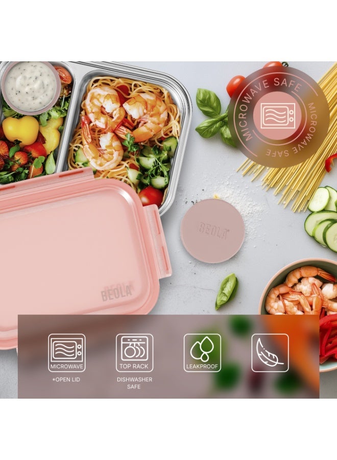 BEOLA Stainless Steel Lunch Box, 2 Compartment Bento Box, BPA Free Tiffin with Lid, Leakproof Meal Container, Perfect as Snack Box (Blush Pink) - Image 3