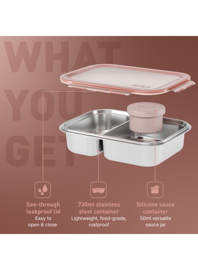 BEOLA Stainless Steel Lunch Box, 2 Compartment Bento Box, BPA Free Tiffin with Lid, Leakproof Meal Container, Perfect as Snack Box (Blush Pink) - Image 4