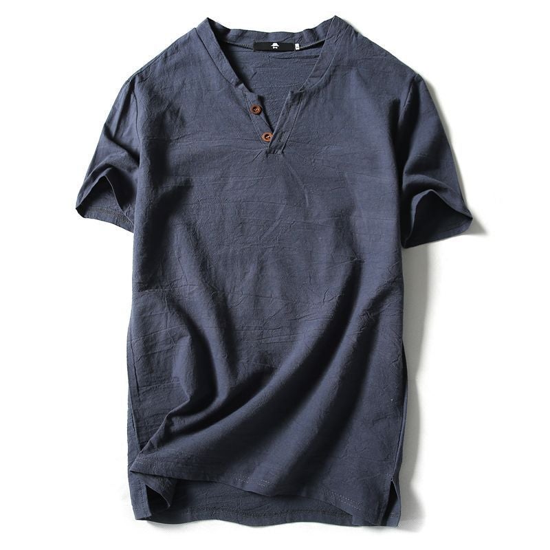 Chinese Style Linen T-Shirt Men'S Short-Sleeved Summer Solid Color Cotton And Linen Half-Sleeved V-Neck Base Shirt Chinese Style Men'S All-Match Top - Image 1