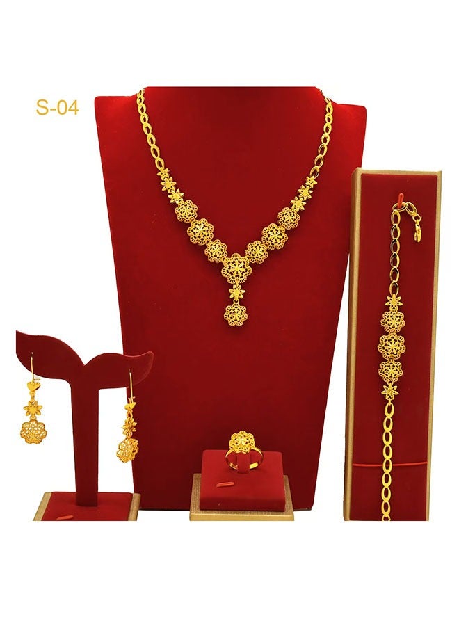 Women's 4 Pcs Flower Jewelry Set Gold Necklace u0026Gold Earrings u0026 Gold Bracelet u0026Gold  Ring Bridal Wedding Party Costume Jewelry Set for Ladies to Match Dress - Image 1