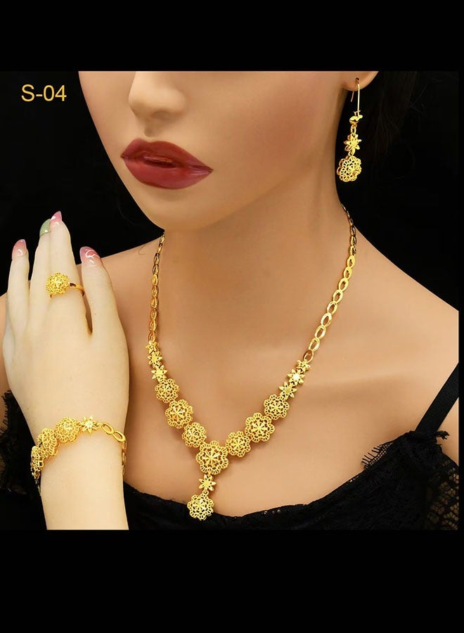 Women's 4 Pcs Flower Jewelry Set Gold Necklace u0026Gold Earrings u0026 Gold Bracelet u0026Gold  Ring Bridal Wedding Party Costume Jewelry Set for Ladies to Match Dress - Image 3