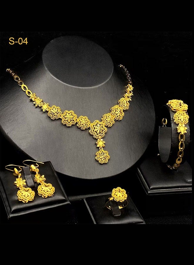Women's 4 Pcs Flower Jewelry Set Gold Necklace u0026Gold Earrings u0026 Gold Bracelet u0026Gold  Ring Bridal Wedding Party Costume Jewelry Set for Ladies to Match Dress - Image 2