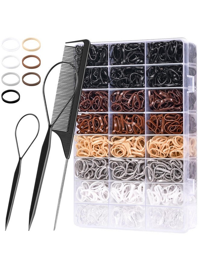 TsMADDTs Small Hair Ties Set: 2000 Pcs Rubber Bands with Organizer Box, 7 Natural Colors Clear/Black/Brown, Rat Tail Comb Included - TsMADDTs - Image 1