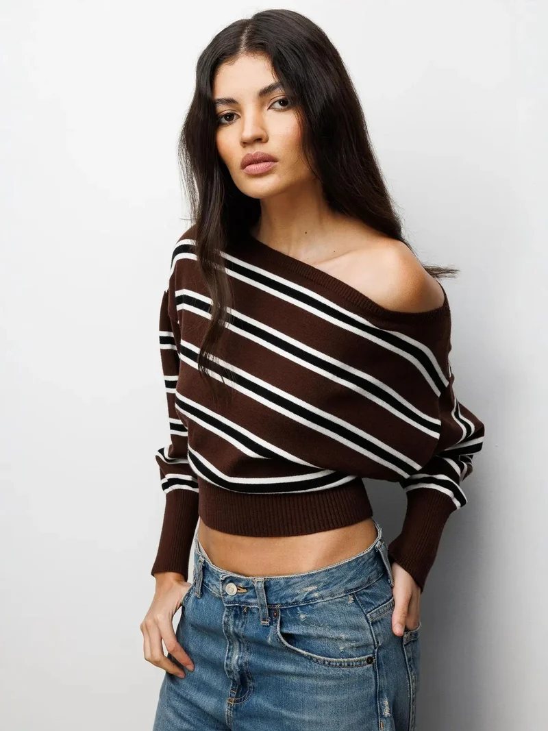 Mixray Brown Mixray Ribbed Boat Neck Sweater for Women | Best Price UAE