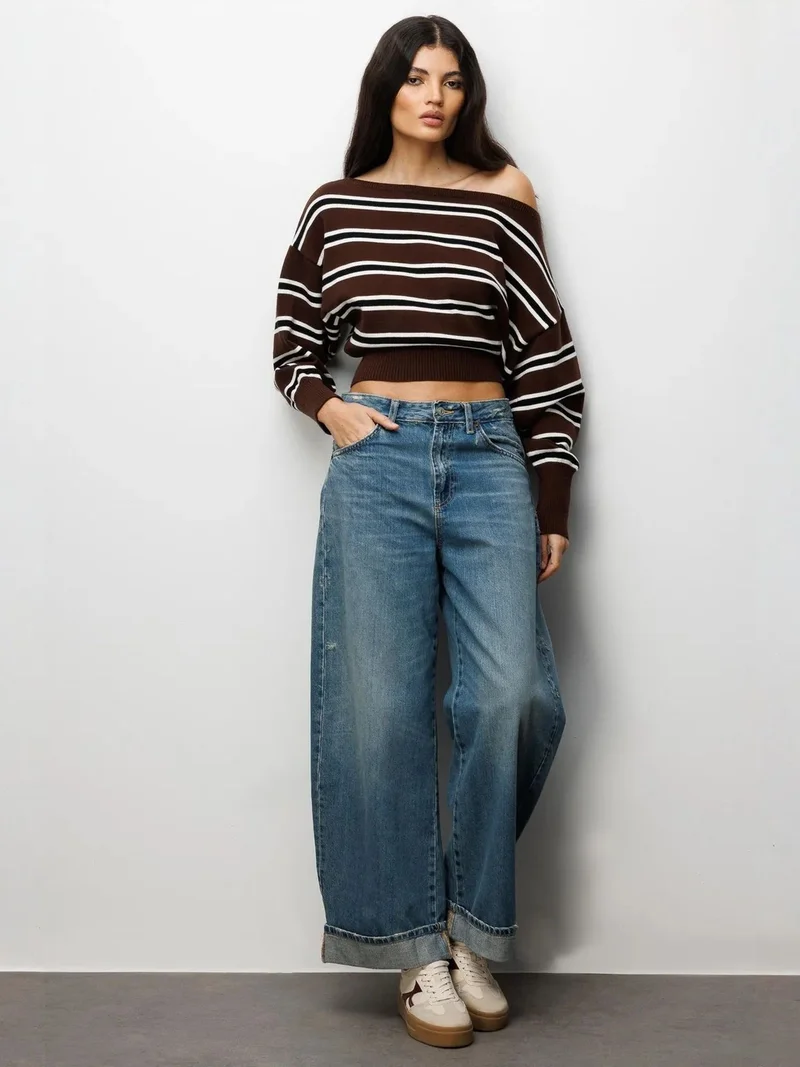 ميكسراي Boat Neck Balloon Sleeve Relaxed Fit Knit Sweater