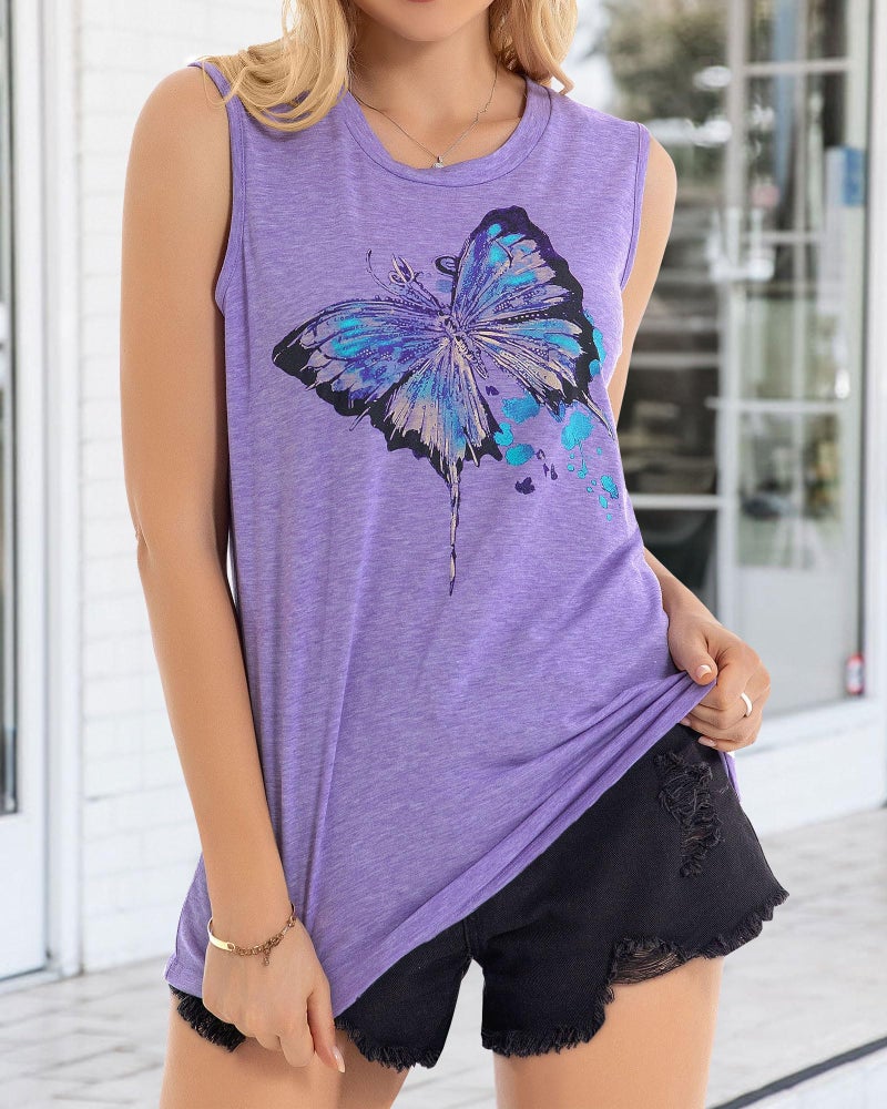 JOELLYUS Tank Tops for Women Loose Fitting Graphic Summer Tops Sleeveless Tshirts Crew Neck Tee Casual Tunic Summer(Purple Butterfly,L) - Image 2