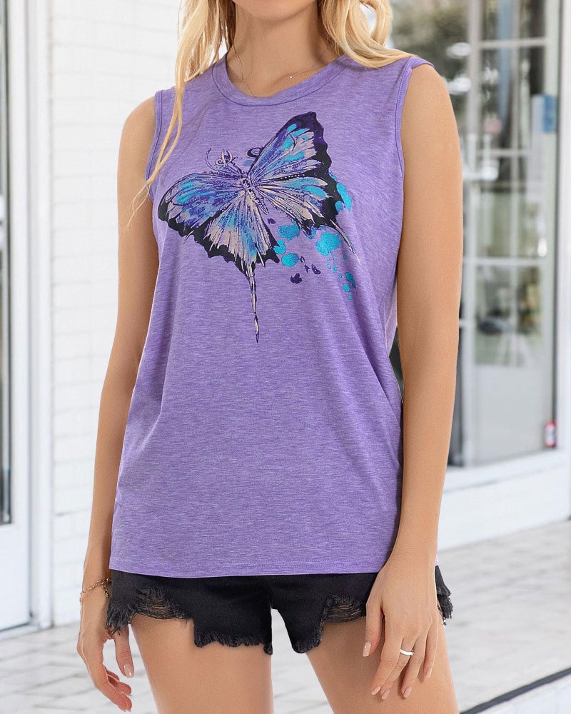 JOELLYUS Tank Tops for Women Loose Fitting Graphic Summer Tops Sleeveless Tshirts Crew Neck Tee Casual Tunic Summer(Purple Butterfly,L) - Image 4