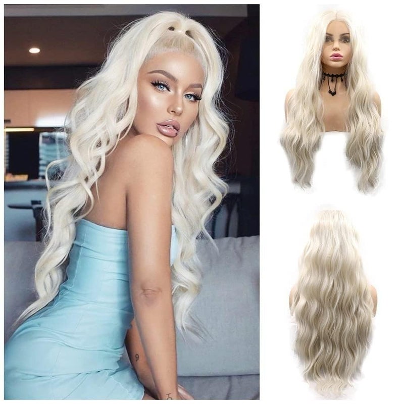 Blonde Curly lace front Wigs for Women 24 Inch Middle Part Platinum Blonde 60 Water Wave Wig Natural Looking Synthetic Heat Resistant Full Wigs 60 Lace Front Wig