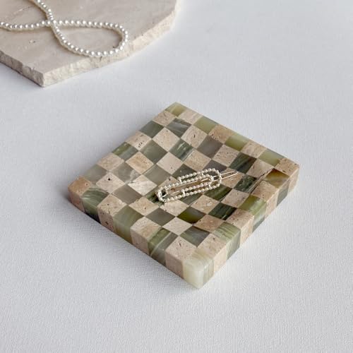 StonePlus Marble Stone Green Onyx with Travertine Checkerboard Square Small Splicing Mosaic Tray Jewelry Dish (Green and Beige) - Image 3