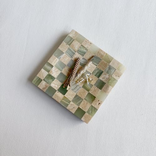 StonePlus Marble Stone Green Onyx with Travertine Checkerboard Square Small Splicing Mosaic Tray Jewelry Dish (Green and Beige) - Image 4