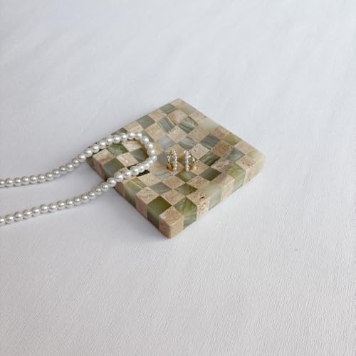 StonePlus Marble Stone Green Onyx with Travertine Checkerboard Square Small Splicing Mosaic Tray Jewelry Dish (Green and Beige) - Image 5