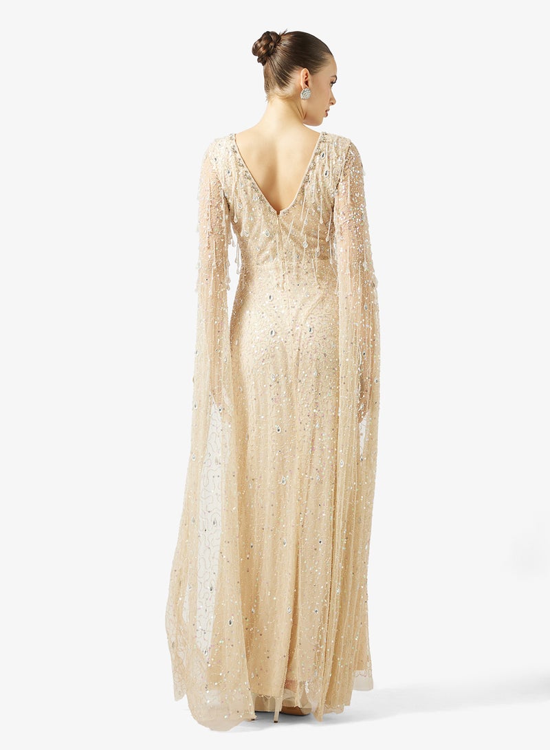 Namshi x Beaded Embellished Evening Gown with Cape Sleeves - Image 2