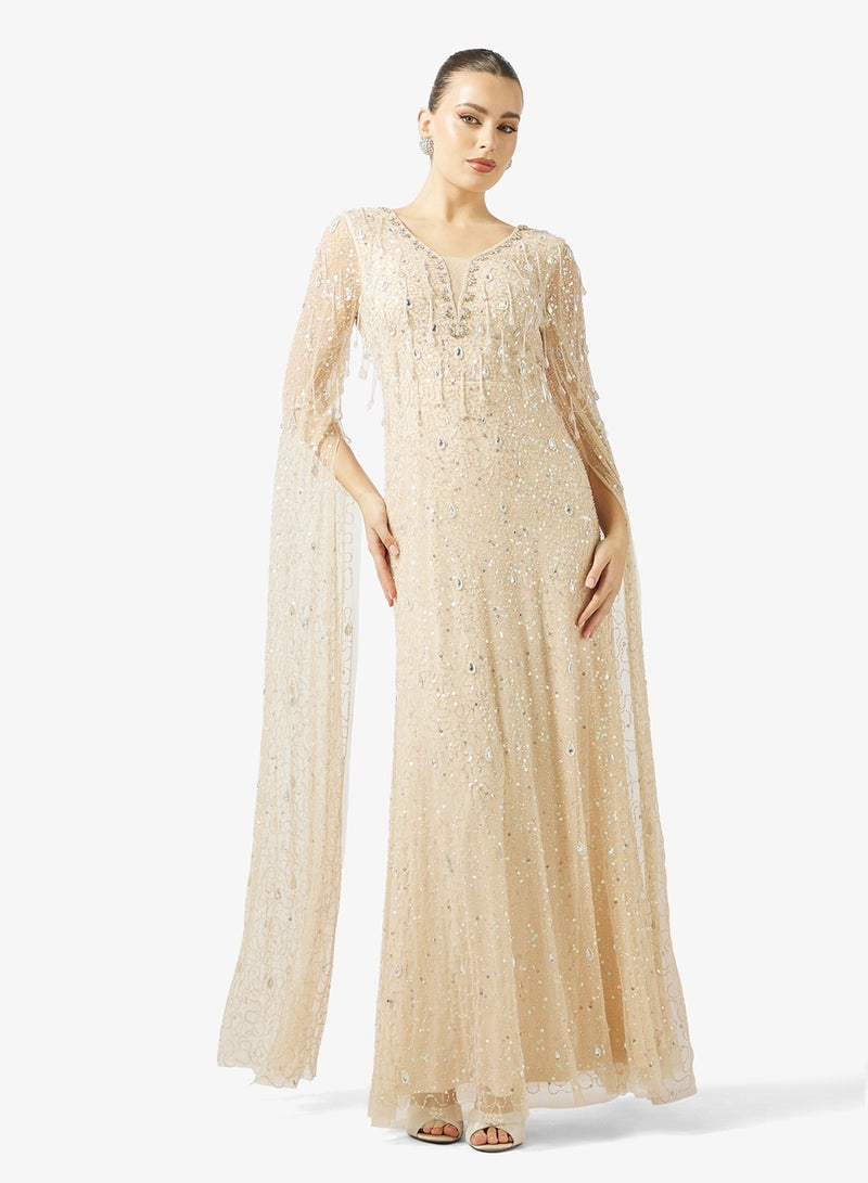 Namshi x Beaded Embellished Evening Gown with Cape Sleeves - Image 1