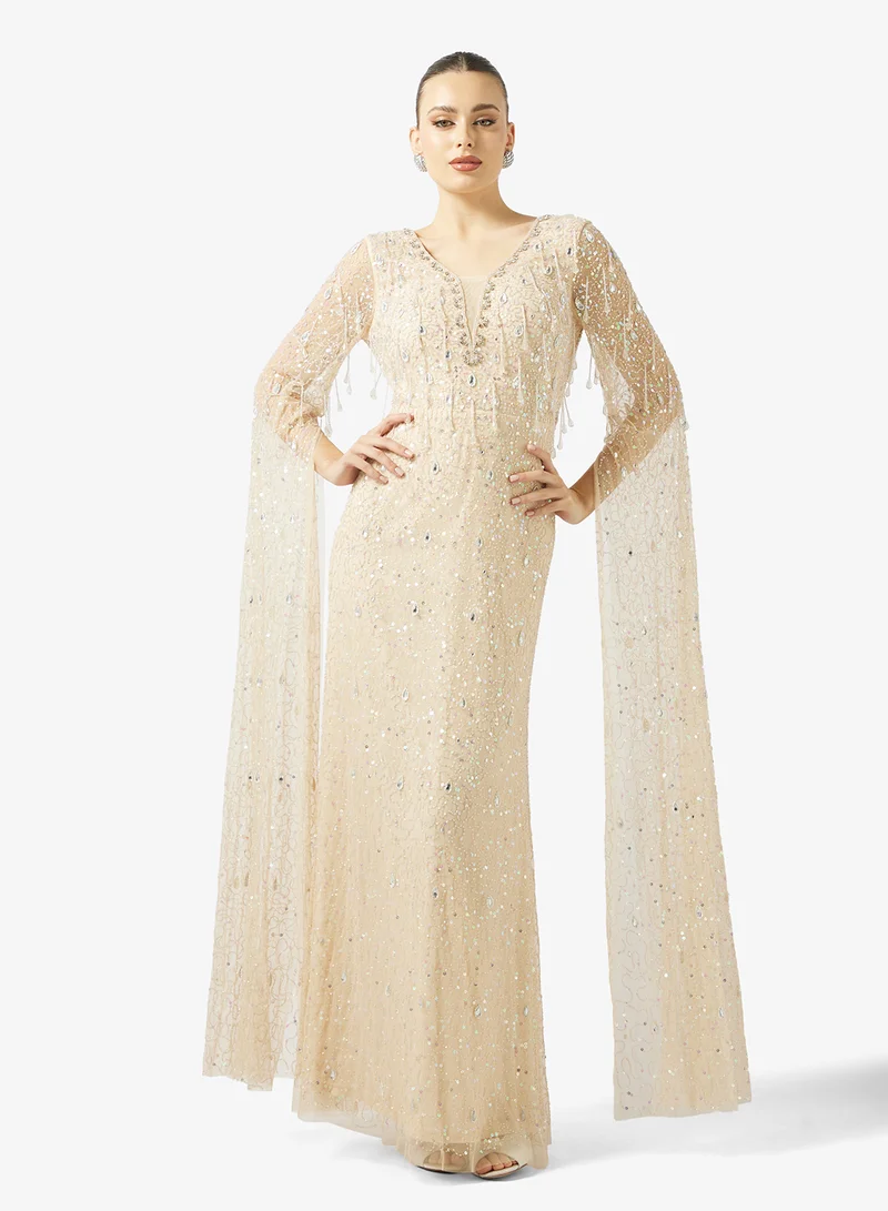 Namshi x  Beaded Embellished Evening Gown with Cape Sleeves for Women | Best Price UAE