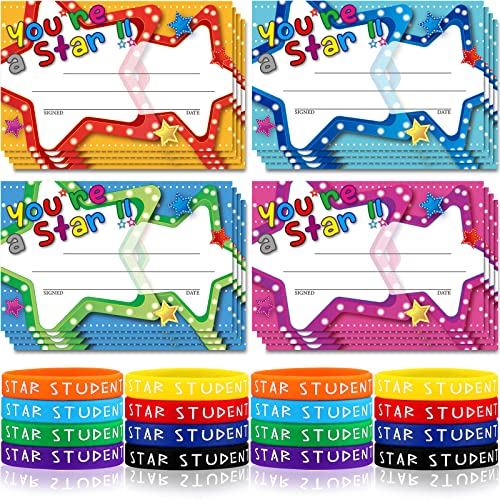 Junkin 32 Pcs Star Student Certificate Award Wristband Happy Birthday Certificate Recognition Gifts Congrats Celebrity of the Week Month Award for Back to School Classroom(Marquee You're A Star) - Image 1